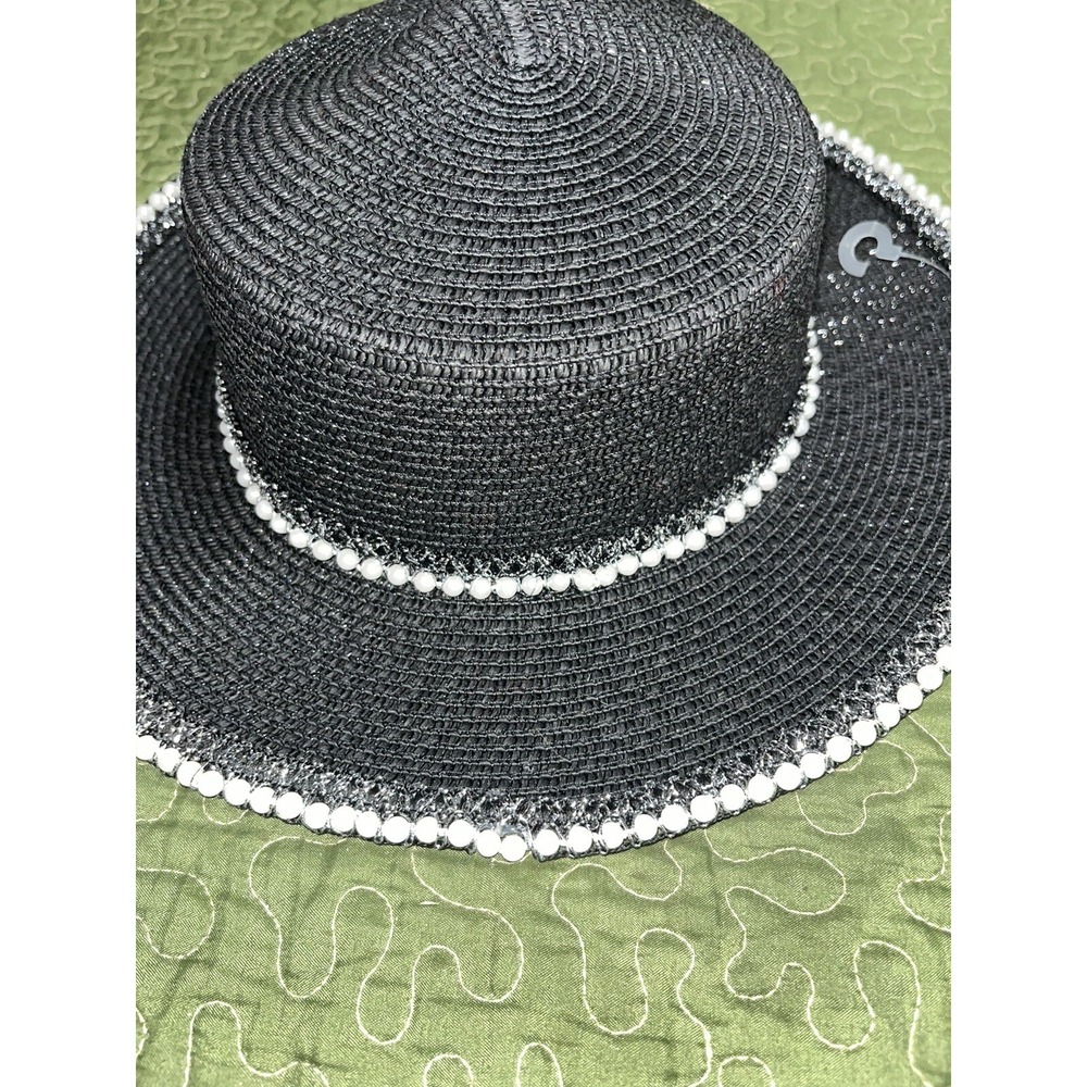 Black Straw Hat With Beaded Detail , Sun hat , Halloween